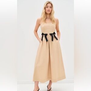 Moon River Strapless Tan Dress with Black Bows